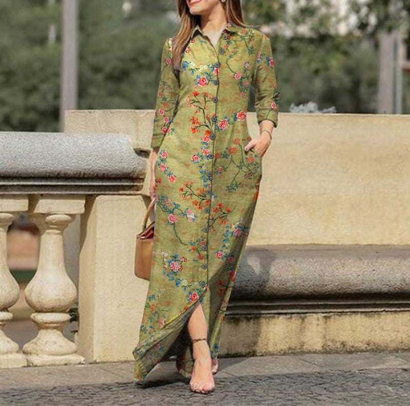 Women's Plaid Long Sleeve Lapel Collar Button Maxi Dress