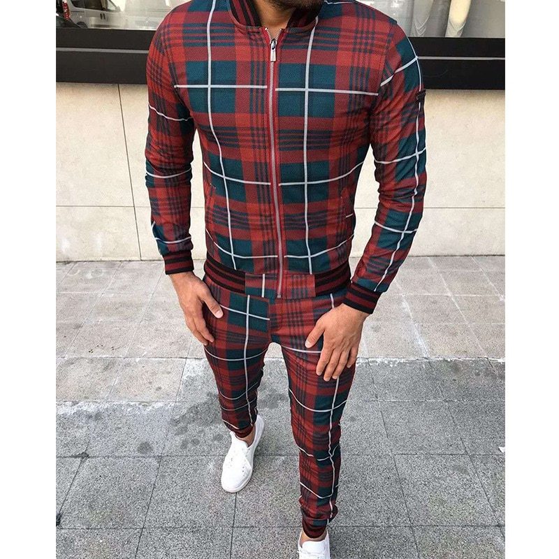 Grid Patchwork Leisure Suit Zipper Tracksuits