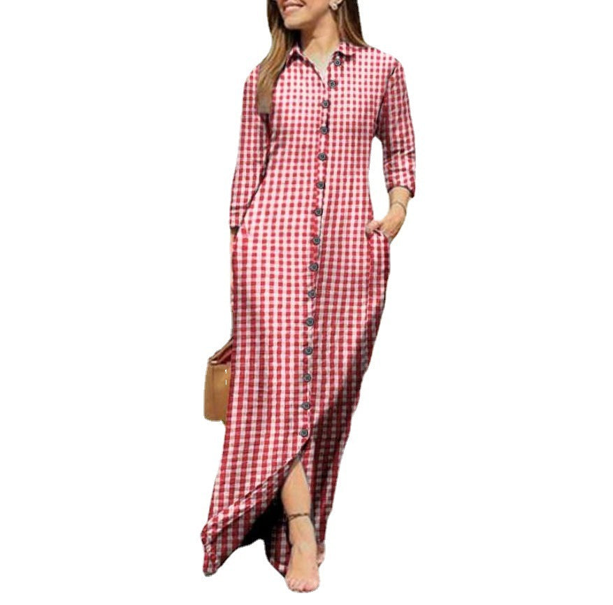 Women's Plaid Long Sleeve Lapel Collar Button Maxi Dress