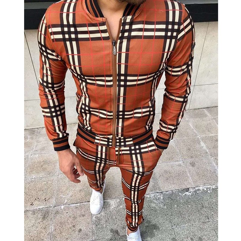 Grid Patchwork Leisure Suit Zipper Tracksuits