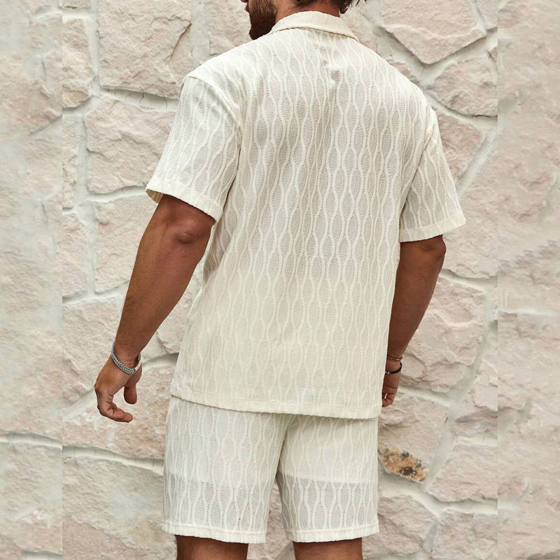 Solid Loose Casual Beach Outfit (Two Pieces Lapel Button Shirt & Shorts)