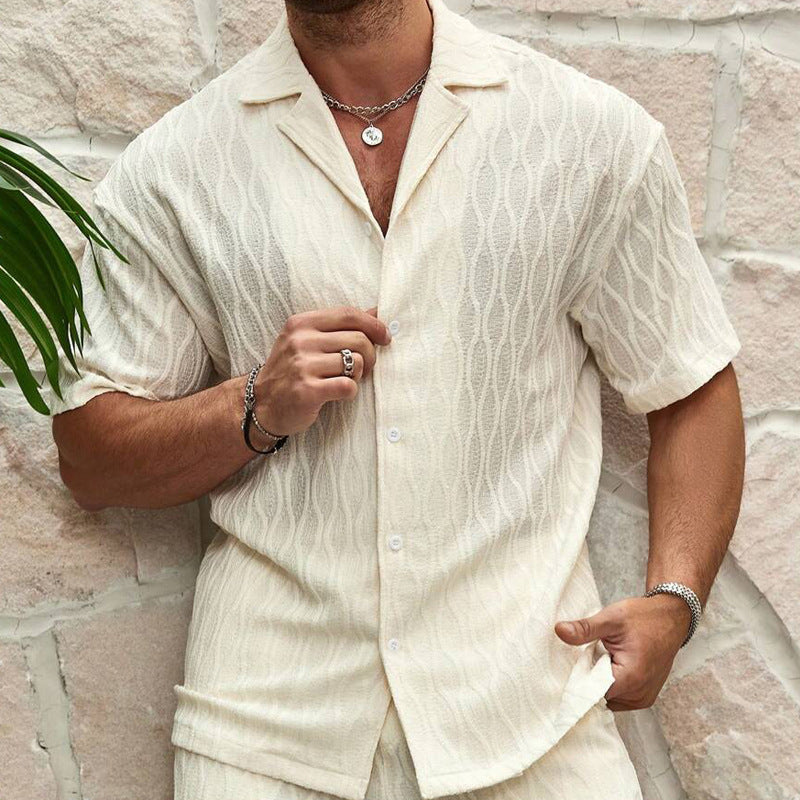 Solid Loose Casual Beach Outfit (Two Pieces Lapel Button Shirt & Shorts)