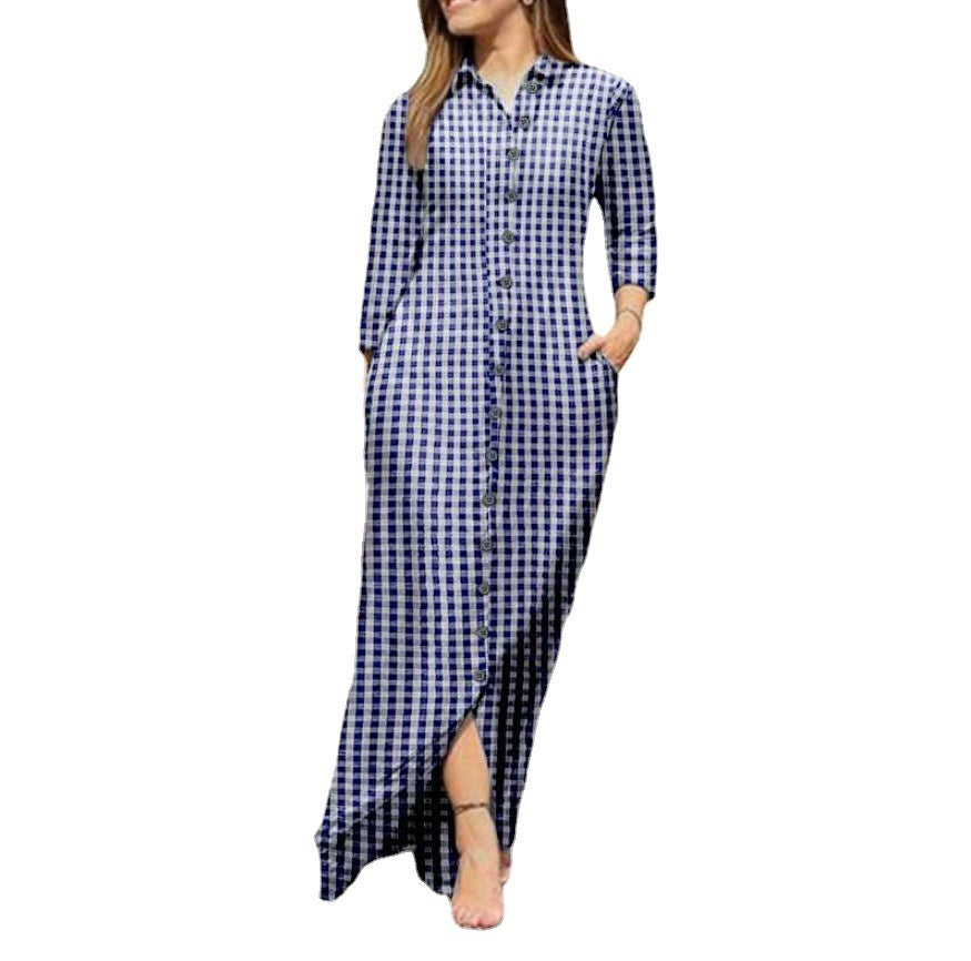 Women's Plaid Long Sleeve Lapel Collar Button Maxi Dress