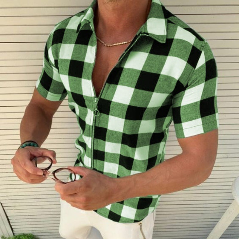 Plaid Zipper Short Sleeved T-Shirts