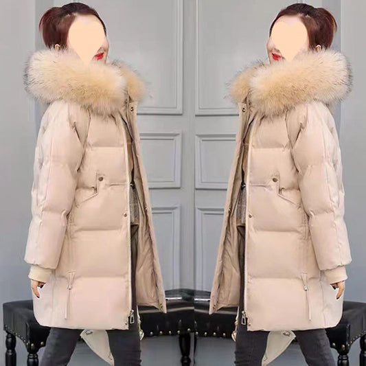 Fur Collar Hooded Slim Fit Thick Mid-Length Cotton Padded Coats
