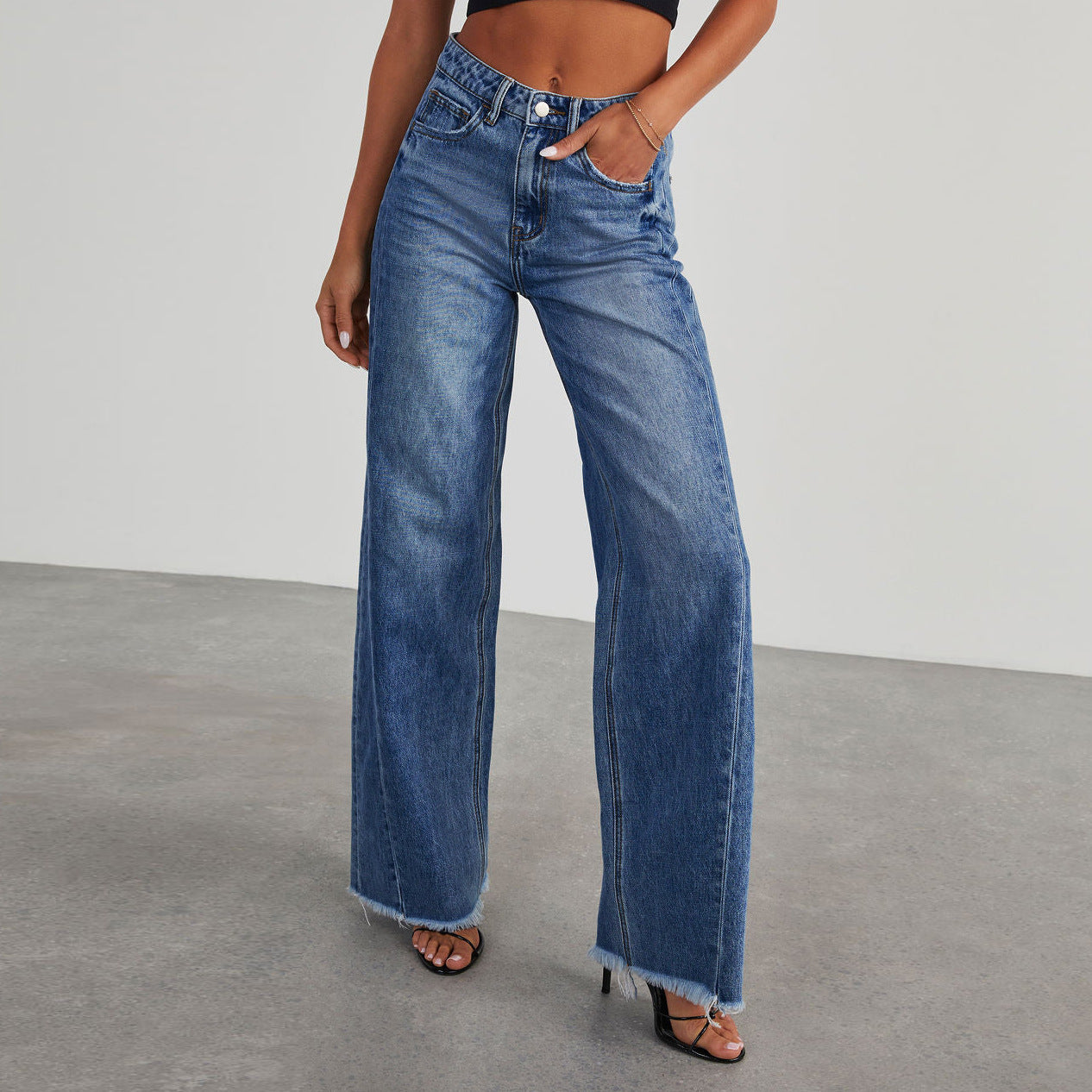 Fashion High Waist Slim Fit Straight Wide-Leg Jeans