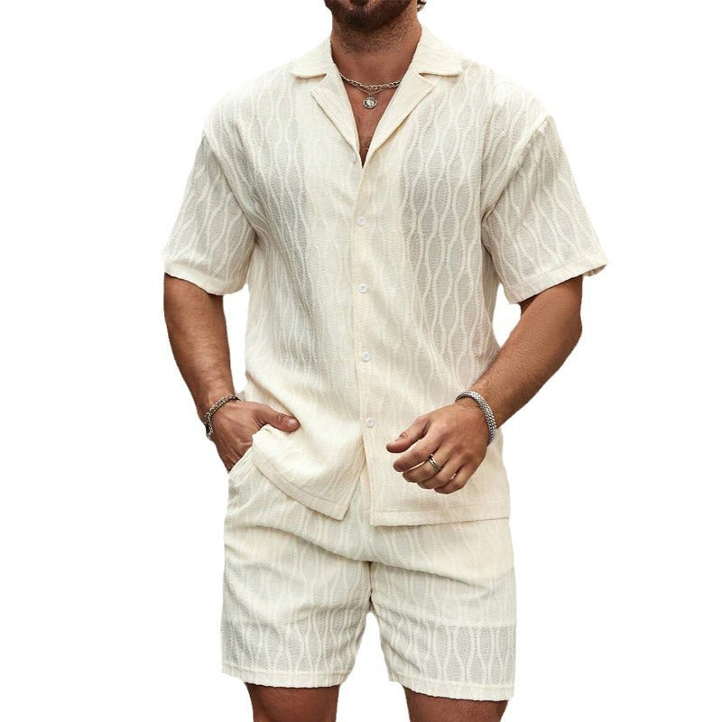 Solid Loose Casual Beach Outfit (Two Pieces Lapel Button Shirt & Shorts)