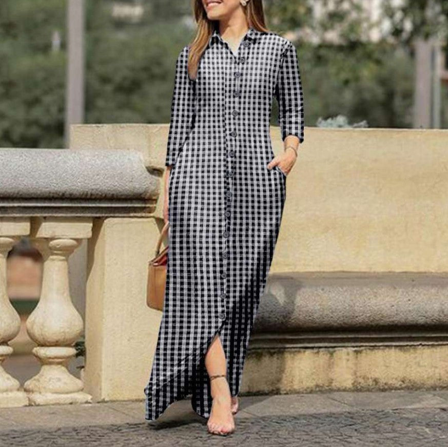 Women's Plaid Long Sleeve Lapel Collar Button Maxi Dress