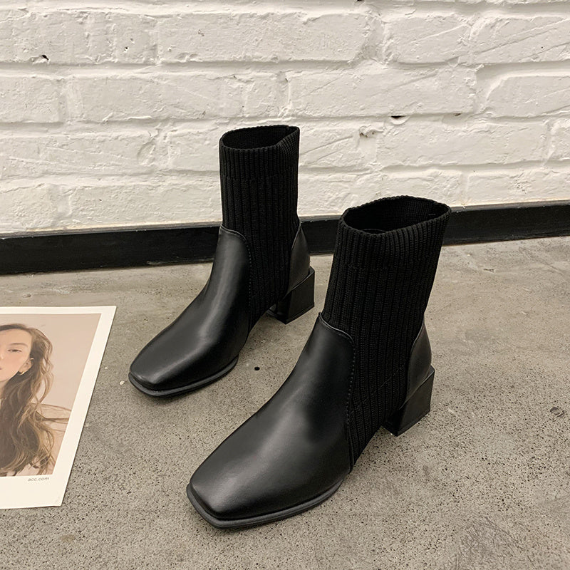 Niche Square Toe Thick Sock Heel Boots