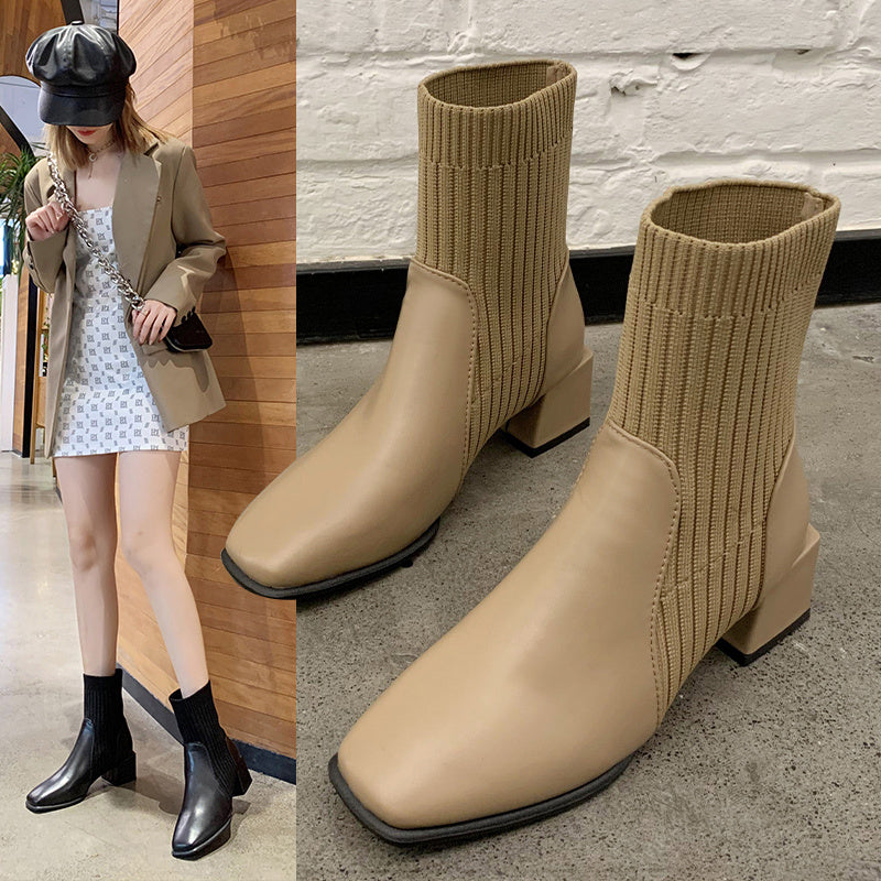 Niche Square Toe Thick Sock Heel Boots