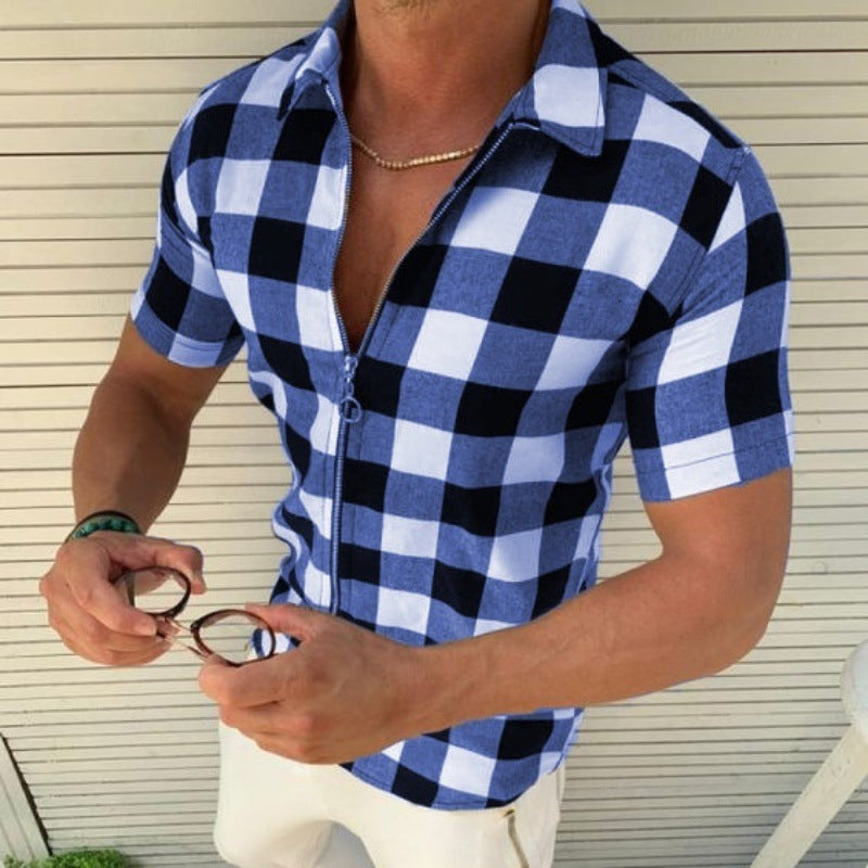Plaid Zipper Short Sleeved T-Shirts