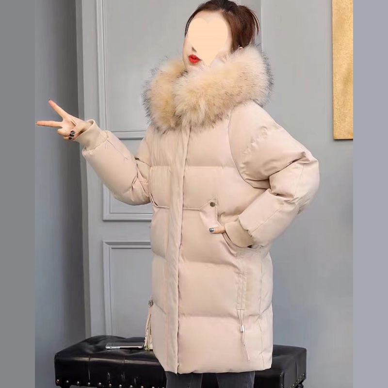 Fur Collar Hooded Slim Fit Thick Mid-Length Cotton Padded Coats