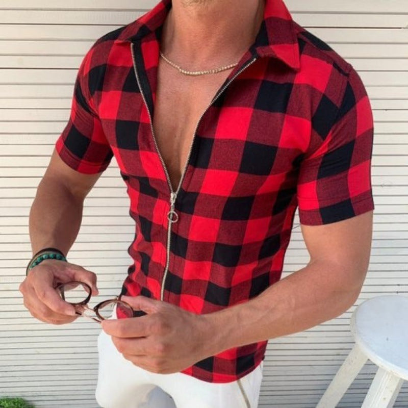 Plaid Zipper Short Sleeved T-Shirts