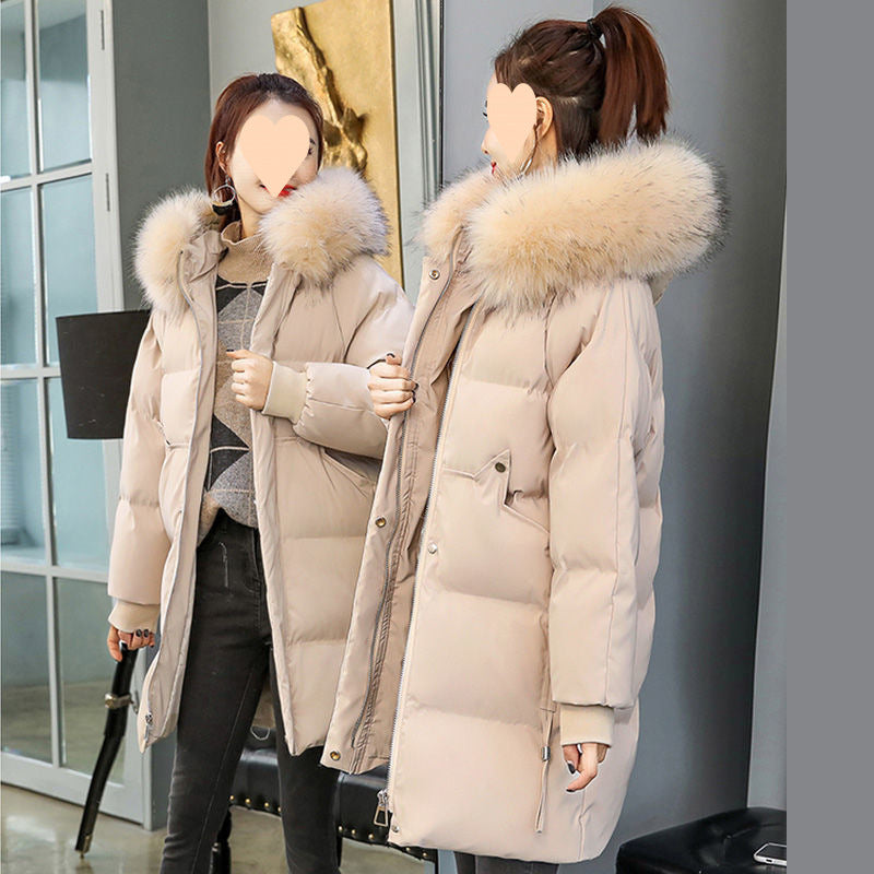 Fur Collar Hooded Slim Fit Thick Mid-Length Cotton Padded Coats