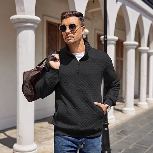 Knitted Zip Pullover Plaid Long Sleeve Sweatshirt