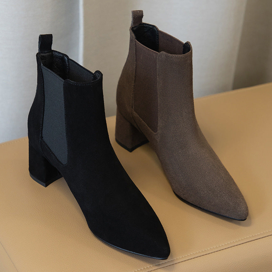 Women's Leather Short Thick Heel Boots