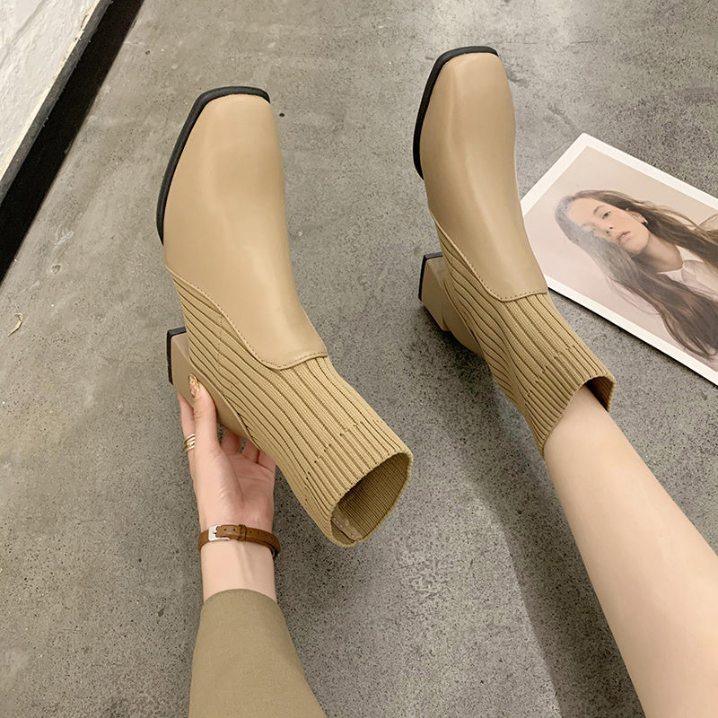 Niche Square Toe Thick Sock Heel Boots