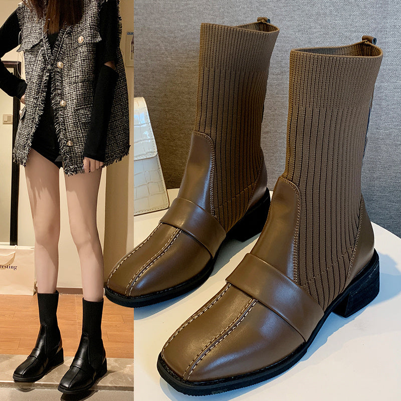 Martin Style Square Toe Knitted Boots