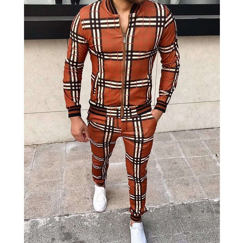 Grid Patchwork Leisure Suit Zipper Tracksuits