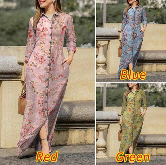 Women's Plaid Long Sleeve Lapel Collar Button Maxi Dress