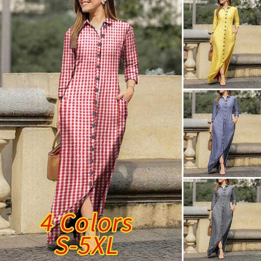 Women's Plaid Long Sleeve Lapel Collar Button Maxi Dress