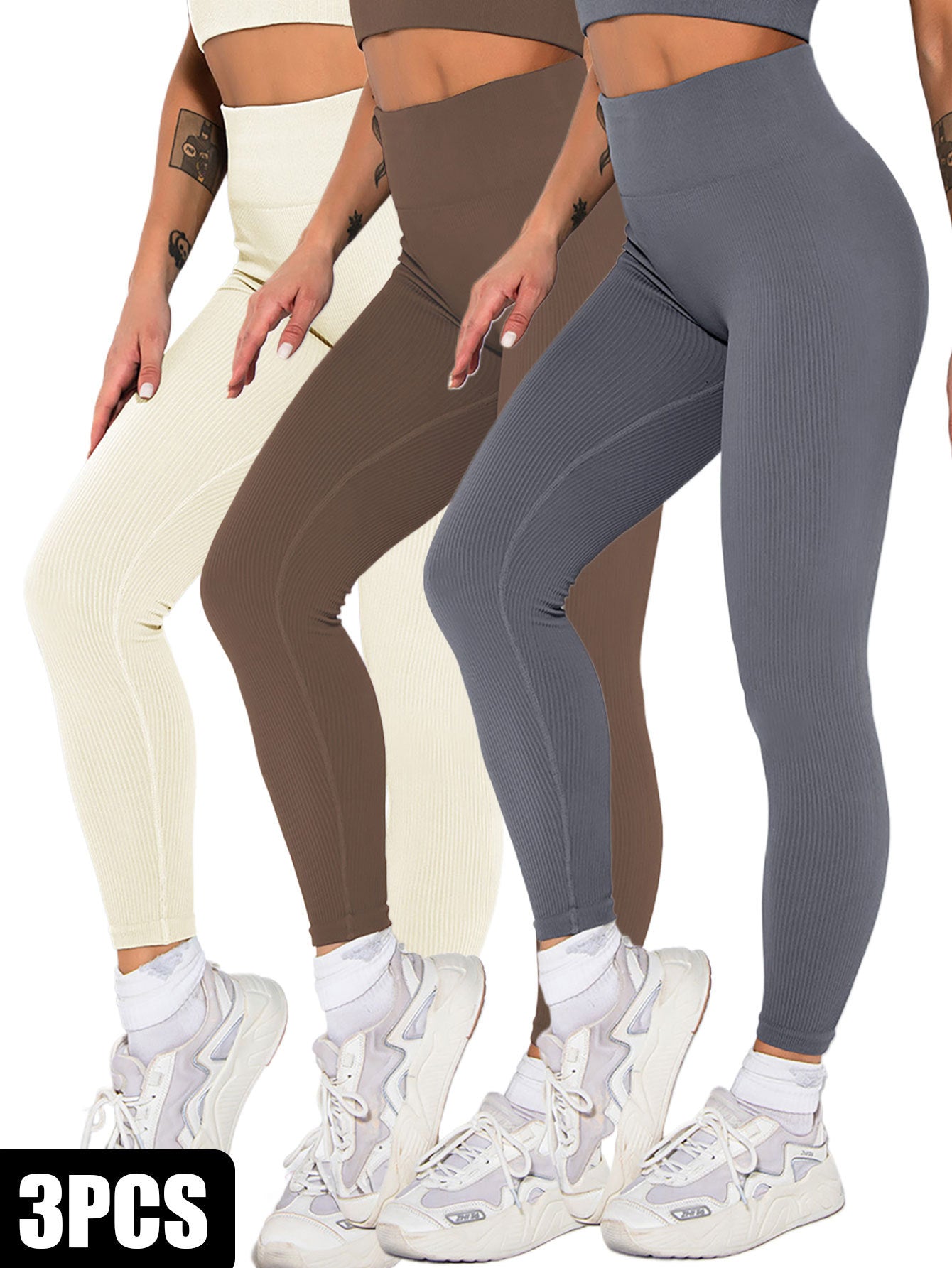 3 Pack Seamless Ribbed High Waisted Leggings/Yoga Pants