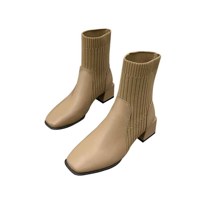 Niche Square Toe Thick Sock Heel Boots