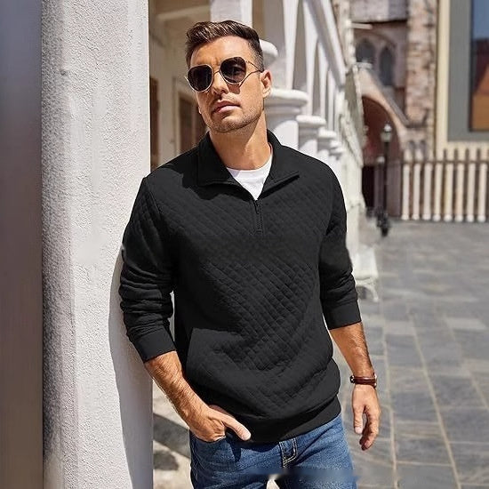 Knitted Zip Pullover Plaid Long Sleeve Sweatshirt