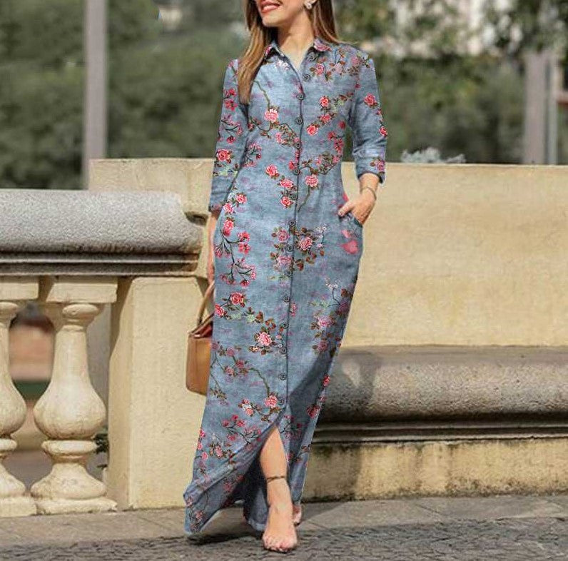 Women's Plaid Long Sleeve Lapel Collar Button Maxi Dress