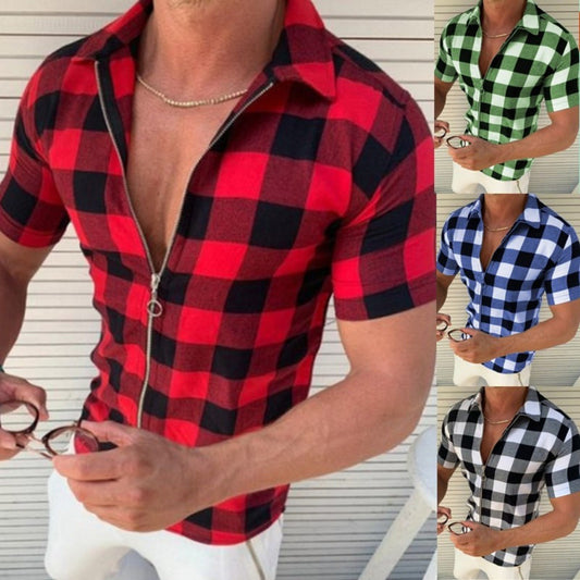 Plaid Zipper Short Sleeved T-Shirts