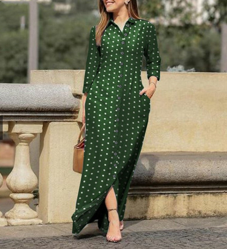Women's Plaid Long Sleeve Lapel Collar Button Maxi Dress