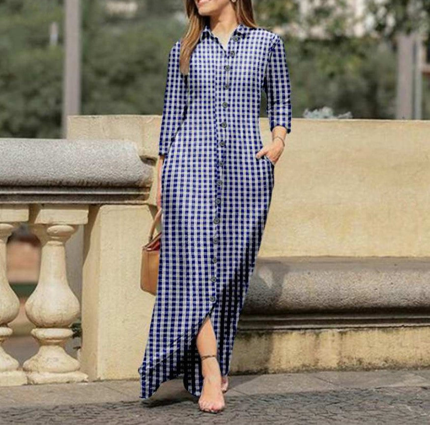 Women's Plaid Long Sleeve Lapel Collar Button Maxi Dress