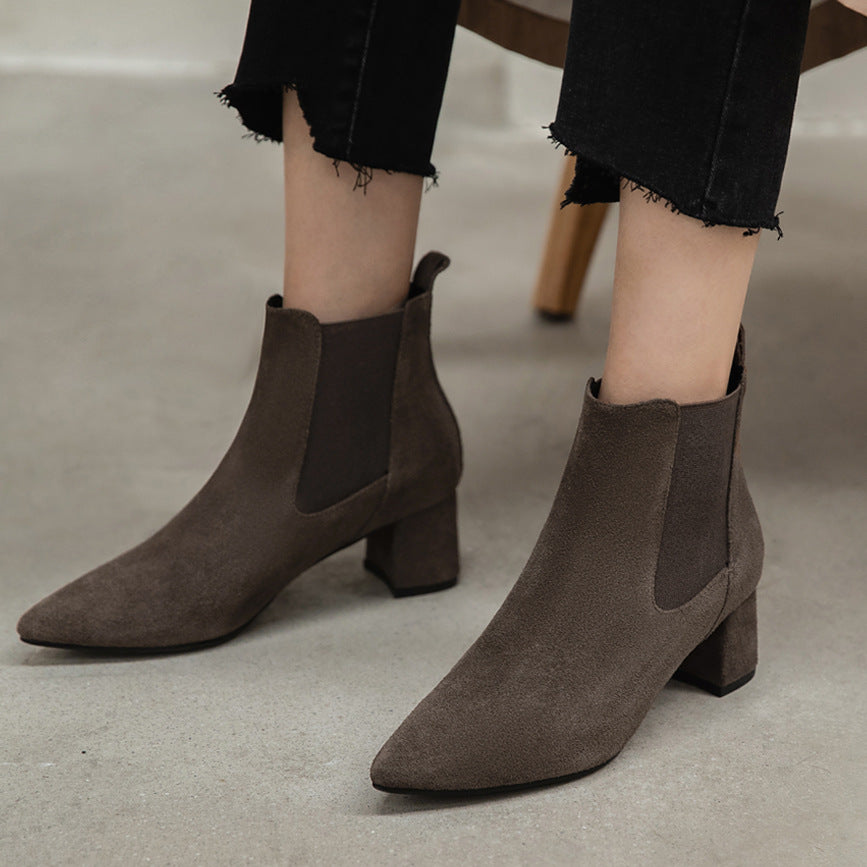 Women's Leather Short Thick Heel Boots