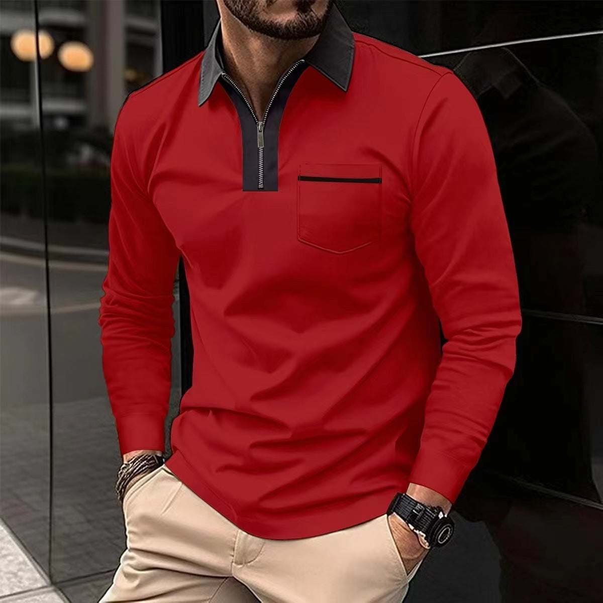 Henley Polo Zipper Long Sleeve Shirts