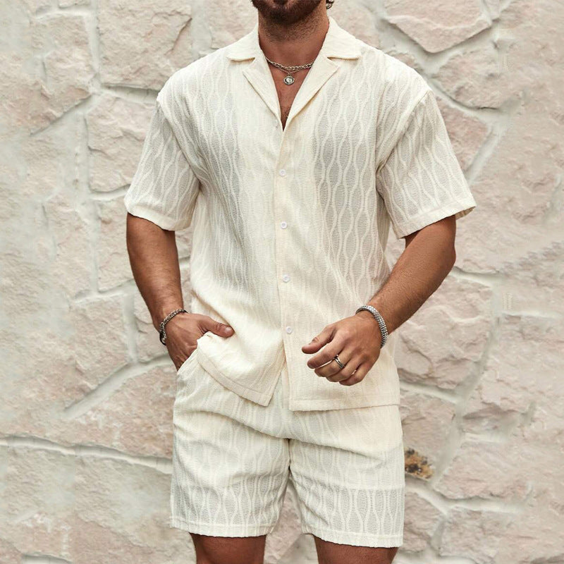 Solid Loose Casual Beach Outfit (Two Pieces Lapel Button Shirt & Shorts)