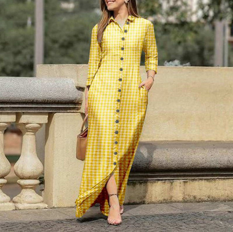 Women's Plaid Long Sleeve Lapel Collar Button Maxi Dress