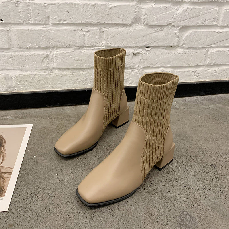 Niche Square Toe Thick Sock Heel Boots