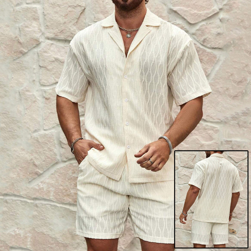 Solid Loose Casual Beach Outfit (Two Pieces Lapel Button Shirt & Shorts)