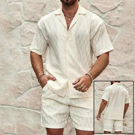 Solid Loose Casual Beach Outfit (Two Pieces Lapel Button Shirt & Shorts)