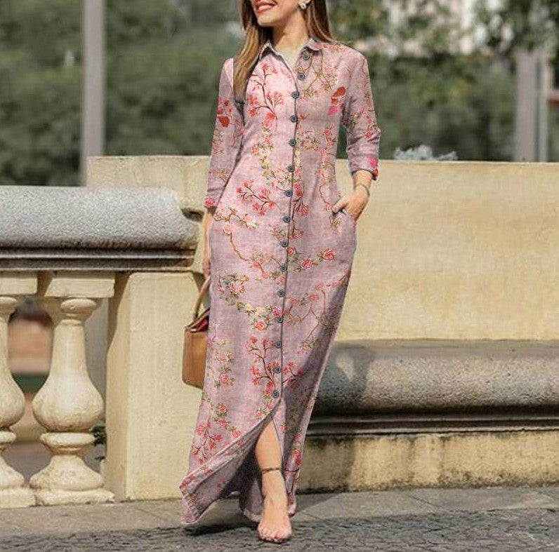 Women's Plaid Long Sleeve Lapel Collar Button Maxi Dress