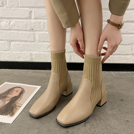 Niche Square Toe Thick Sock Heel Boots