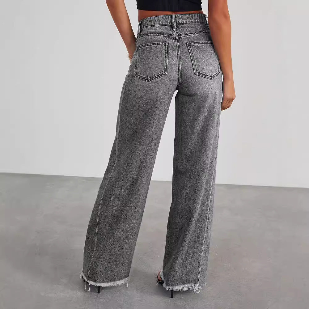 Fashion High Waist Slim Fit Straight Wide-Leg Jeans
