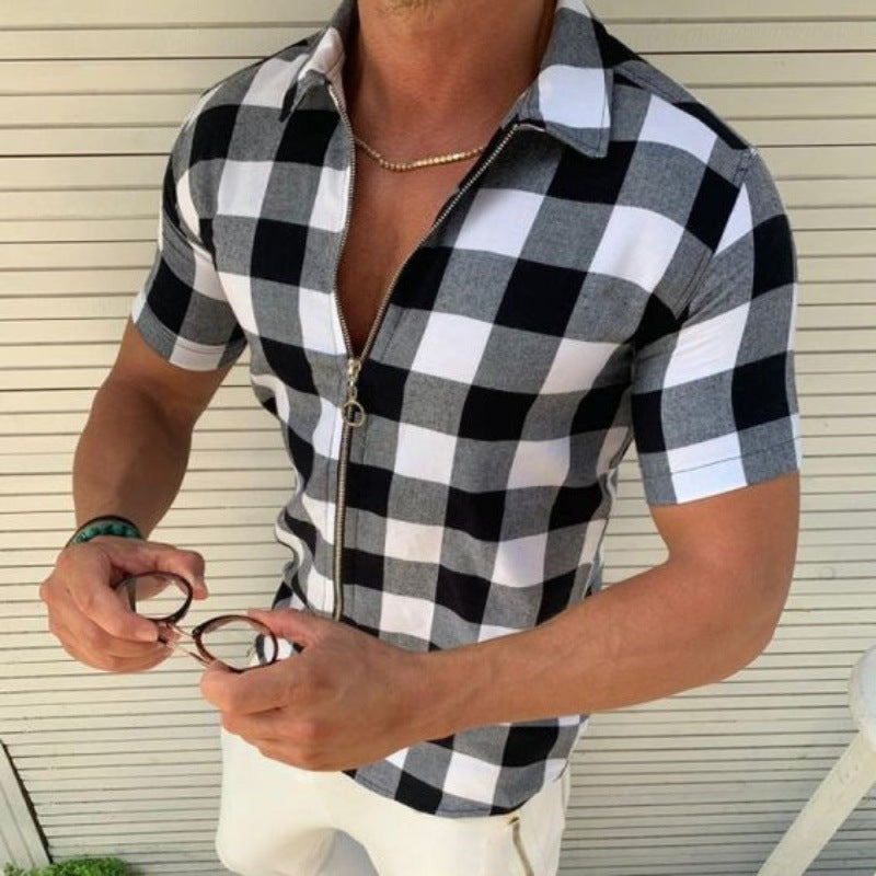 Plaid Zipper Short Sleeved T-Shirts