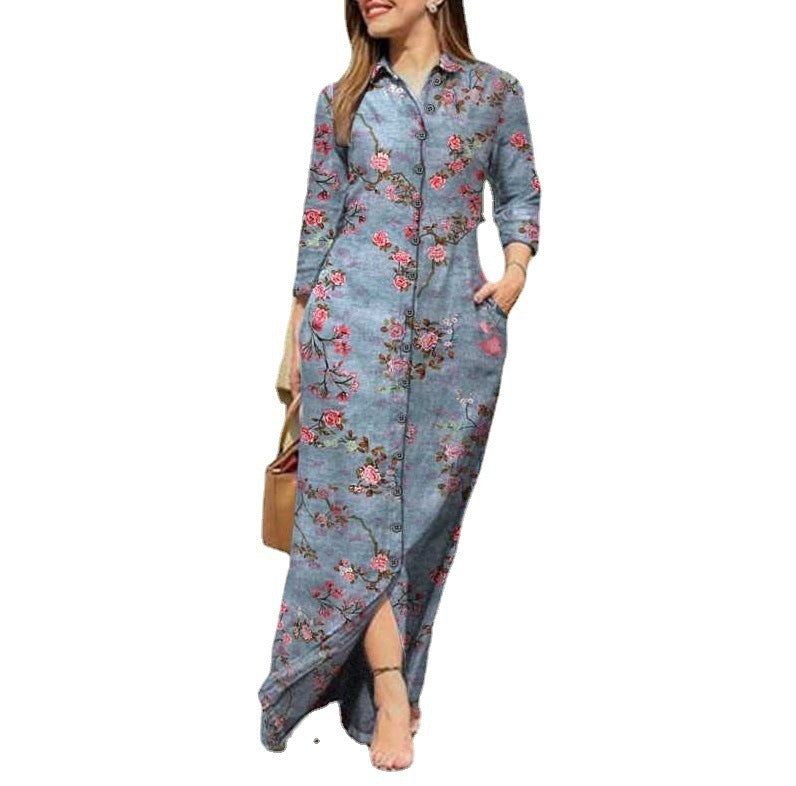 Women's Plaid Long Sleeve Lapel Collar Button Maxi Dress
