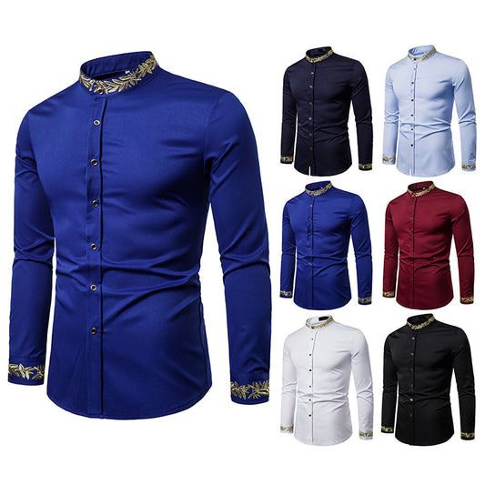 Homme Camisa Masculina Gold Embroidery Long Sleeve Shirts