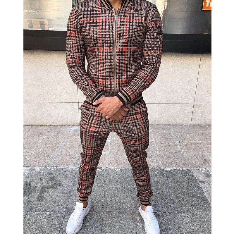 Grid Patchwork Leisure Suit Zipper Tracksuits