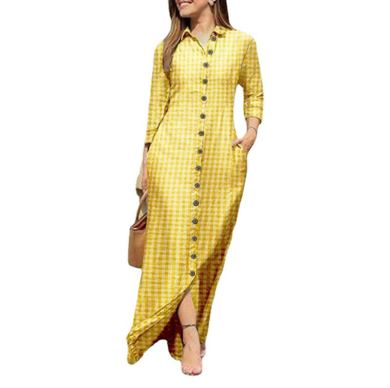Women's Plaid Long Sleeve Lapel Collar Button Maxi Dress