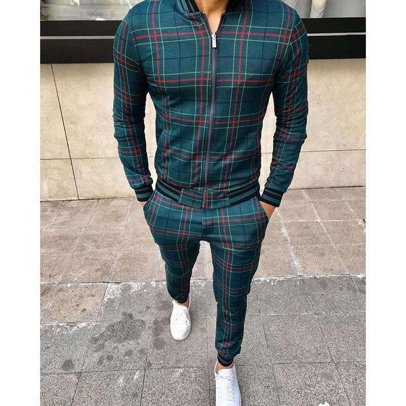 Grid Patchwork Leisure Suit Zipper Tracksuits