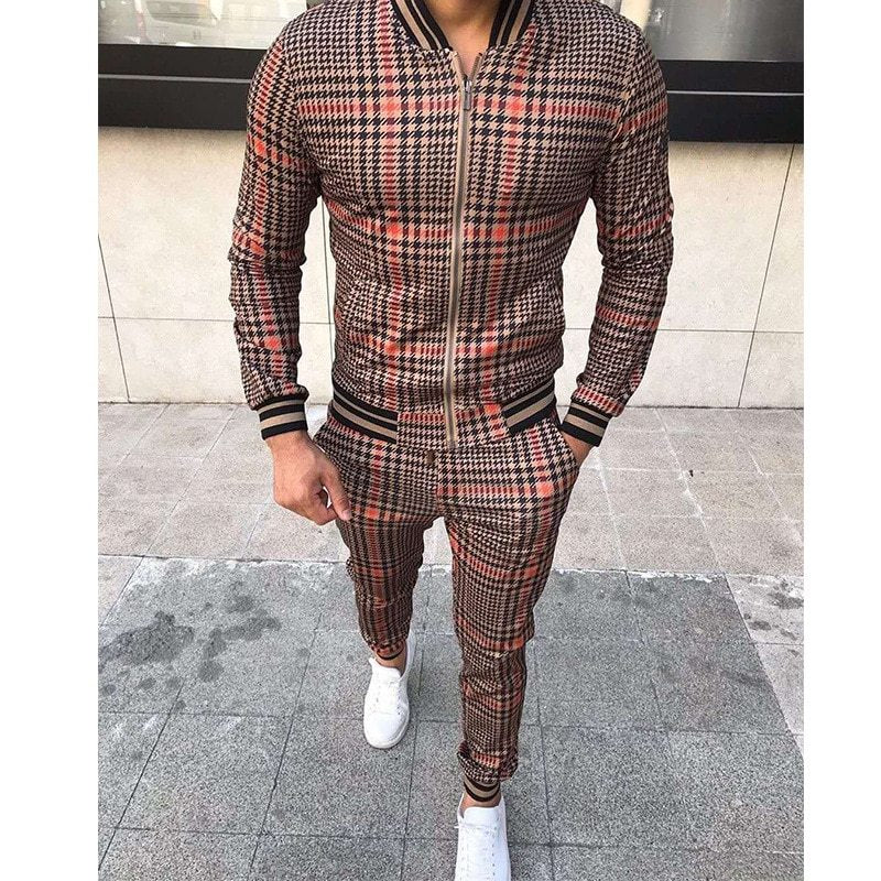 Grid Patchwork Leisure Suit Zipper Tracksuits