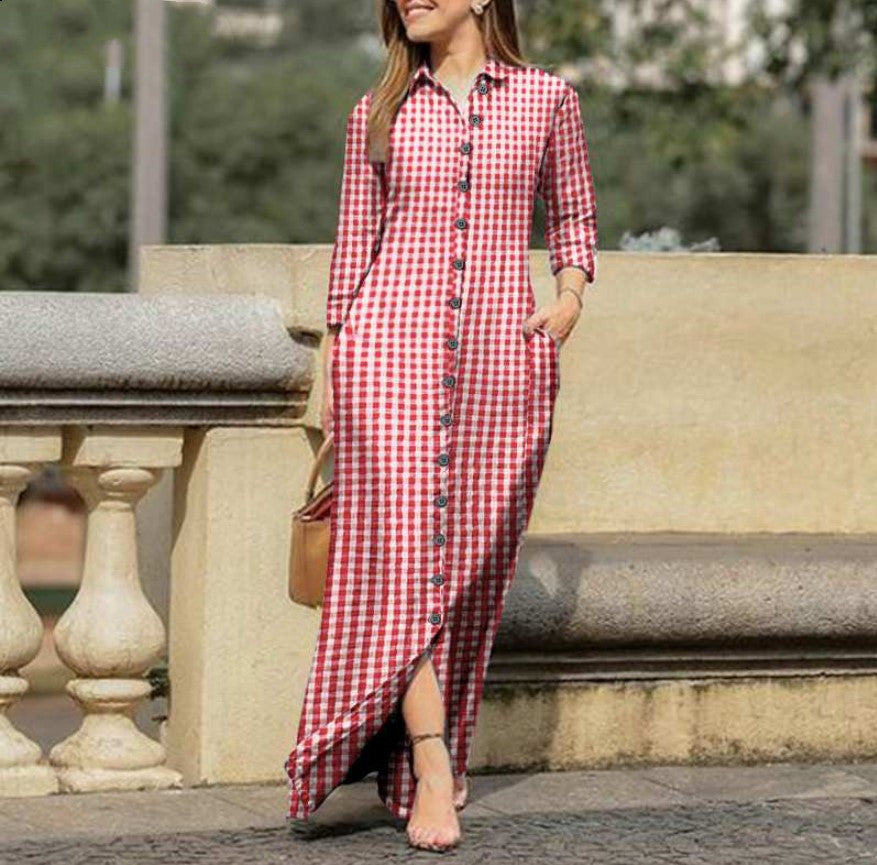 Women's Plaid Long Sleeve Lapel Collar Button Maxi Dress